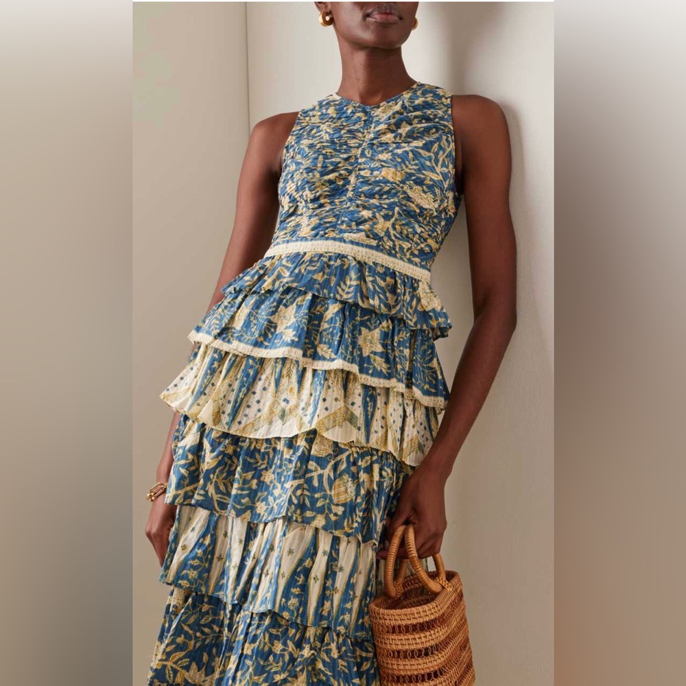 Ulla Johnson Blue and Cream Tiered Ruffled Maxi Dress - Picture 6 of 16